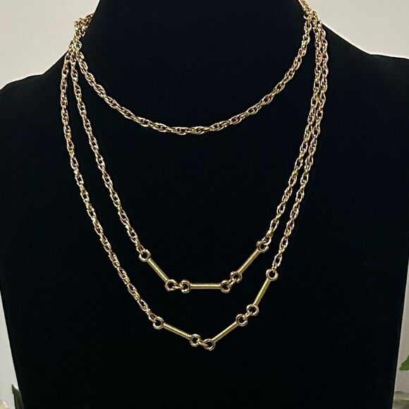 Monet Long Necklace 55" Gold-tone Rope Chain With Bone Link Chain Accent Signed - Picture 4 of 9
